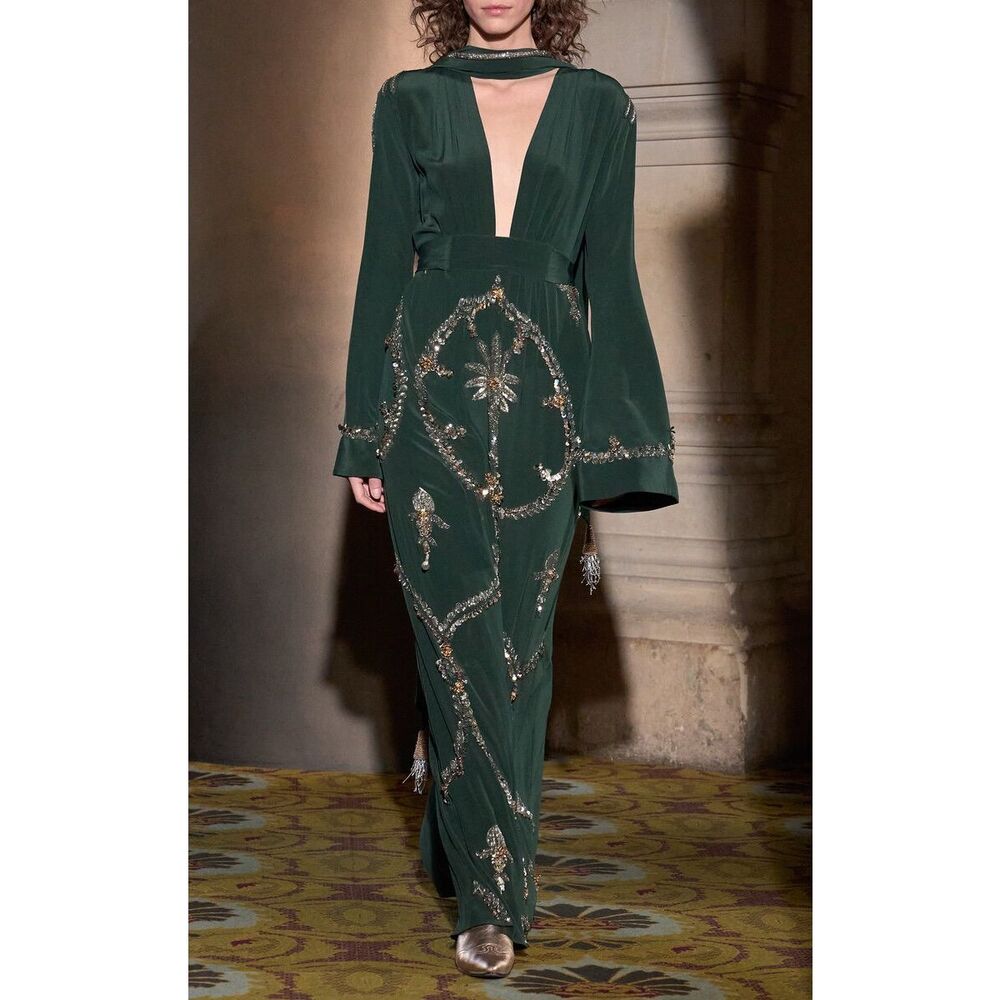 Johanna Ortiz Artistic Lifestyle Embellished Tunic Maxi Dress Green Size 0 $2995